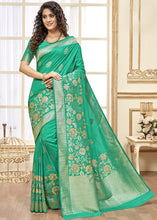 Load image into Gallery viewer, Caribbean Green Designer Floral Zari Woven Banarasi Silk Saree