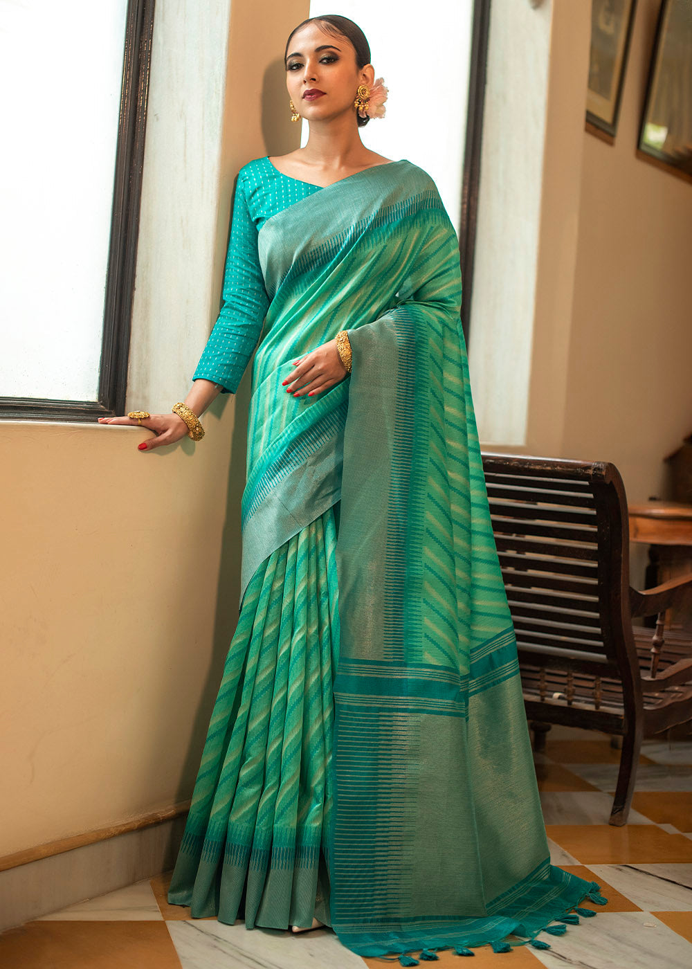 Jade Green South Silk Saree with all over Zari Woven Stripes