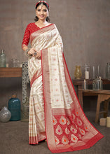 Load image into Gallery viewer, Pearl White Zari Woven Banarasi Silk Saree with Contrast Pallu &amp; Blouse