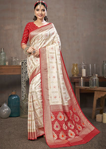 Pearl White Zari Woven Banarasi Silk Saree with Contrast Pallu & Blouse