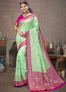 Mint Green Zari Woven Silk Saree with Contrast Pallu & Border