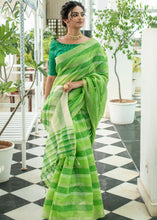 Load image into Gallery viewer, Shades Of Green Linen Saree having Zari Woven Stripes