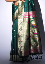 Load image into Gallery viewer, Sacramento Green Zari Woven Paithani Tussar Silk Saree
