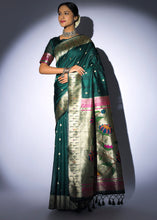 Load image into Gallery viewer, Sacramento Green Zari Woven Paithani Tussar Silk Saree