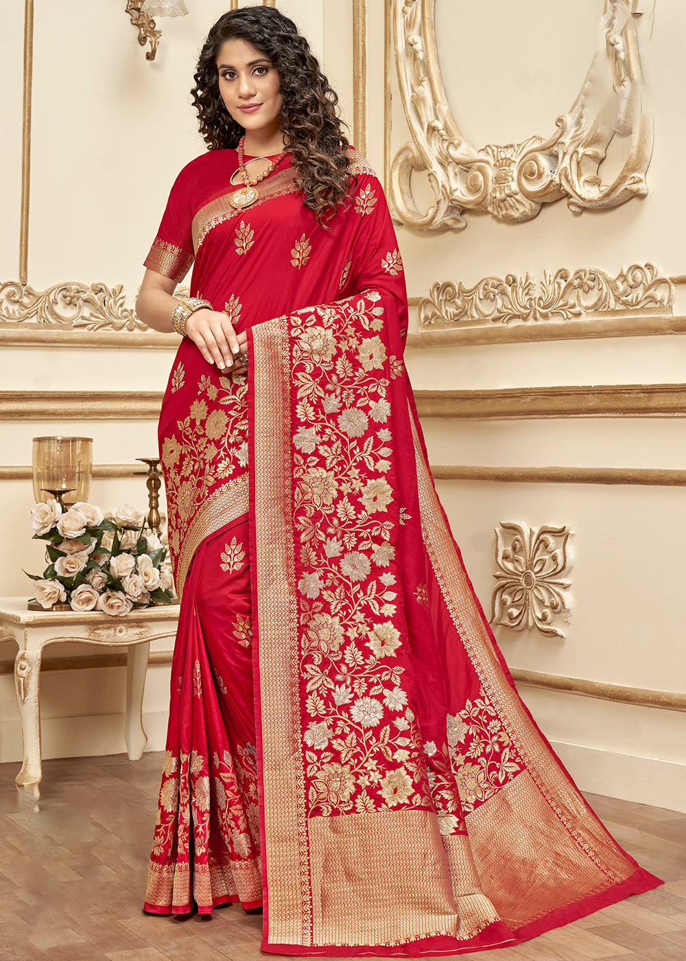 Bridal Red Designer Floral Zari Woven Banarasi Silk Saree