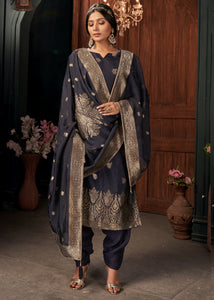 Midnight Navy Blue Designer Viscose Salwar Suit having Zari work