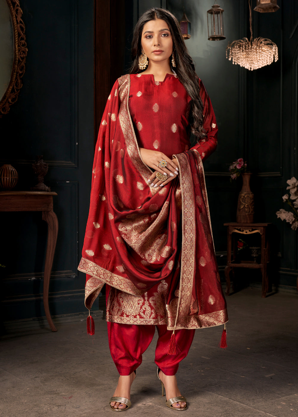 Crimson Red Designer Viscose Salwar Suit having Zari work