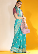 Load image into Gallery viewer, Cerulean Blue Kalamkari Woven Handloom Raw Silk Saree