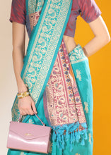 Load image into Gallery viewer, Cerulean Blue Kalamkari Woven Handloom Raw Silk Saree