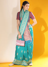 Load image into Gallery viewer, Cerulean Blue Kalamkari Woven Handloom Raw Silk Saree