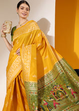 Load image into Gallery viewer, Cyber Yellow Kalamkari Woven Handloom Raw Silk Saree