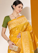 Load image into Gallery viewer, Cyber Yellow Kalamkari Woven Handloom Raw Silk Saree