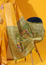 Load image into Gallery viewer, Cyber Yellow Kalamkari Woven Handloom Raw Silk Saree