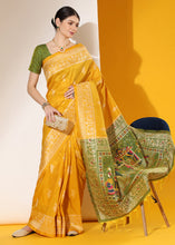 Load image into Gallery viewer, Cyber Yellow Kalamkari Woven Handloom Raw Silk Saree
