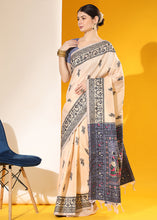 Load image into Gallery viewer, Parchment White Kalamkari Woven Handloom Raw Silk Saree