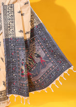 Load image into Gallery viewer, Parchment White Kalamkari Woven Handloom Raw Silk Saree