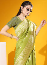 Load image into Gallery viewer, Pear Green Kalamkari Woven Handloom Raw Silk Saree
