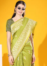 Load image into Gallery viewer, Pear Green Kalamkari Woven Handloom Raw Silk Saree
