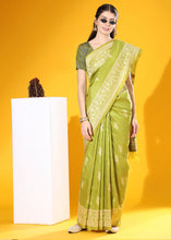 Load image into Gallery viewer, Pear Green Kalamkari Woven Handloom Raw Silk Saree
