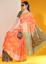 Load image into Gallery viewer, Sunset Orange Kalamkari Woven Handloom Raw Silk Saree