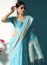 Load image into Gallery viewer, Firozi Blue Chikankari Weaving Cotton Saree