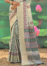 Load image into Gallery viewer, Tea Green Cotton Silk Saree having Block Prints