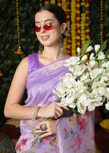Load image into Gallery viewer, Lilac Purple Floral Printed Organza Saree with Embroiderd Butta
