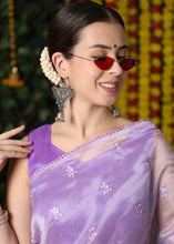 Load image into Gallery viewer, Lilac Purple Floral Printed Organza Saree with Embroiderd Butta