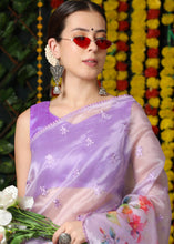 Load image into Gallery viewer, Lilac Purple Floral Printed Organza Saree with Embroiderd Butta