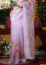 Load image into Gallery viewer, Lilac Purple Floral Printed Organza Saree with Embroiderd Butta