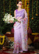Load image into Gallery viewer, Lilac Purple Floral Printed Organza Saree with Embroiderd Butta