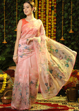 Load image into Gallery viewer, Light Salmon Orange Floral Printed Organza Saree with Embroiderd Butta