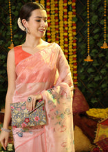 Load image into Gallery viewer, Light Salmon Orange Floral Printed Organza Saree with Embroiderd Butta