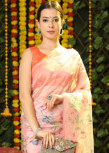 Load image into Gallery viewer, Light Salmon Orange Floral Printed Organza Saree with Embroiderd Butta