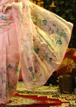 Load image into Gallery viewer, Light Salmon Orange Floral Printed Organza Saree with Embroiderd Butta
