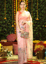 Load image into Gallery viewer, Light Salmon Orange Floral Printed Organza Saree with Embroiderd Butta
