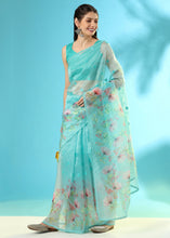 Load image into Gallery viewer, Baby Blue Floral Printed Organza Saree with Embroiderd Butta