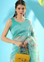 Load image into Gallery viewer, Baby Blue Floral Printed Organza Saree with Embroiderd Butta