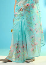 Load image into Gallery viewer, Baby Blue Floral Printed Organza Saree with Embroiderd Butta