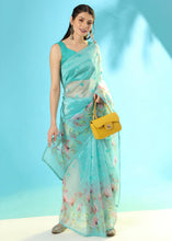 Load image into Gallery viewer, Baby Blue Floral Printed Organza Saree with Embroiderd Butta