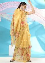 Load image into Gallery viewer, Daffodil Yellow Floral Printed Organza Saree with Embroiderd Butta