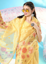 Load image into Gallery viewer, Daffodil Yellow Floral Printed Organza Saree with Embroiderd Butta