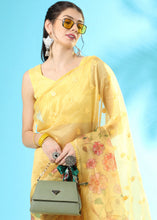 Load image into Gallery viewer, Daffodil Yellow Floral Printed Organza Saree with Embroiderd Butta