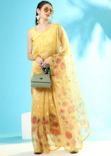 Load image into Gallery viewer, Daffodil Yellow Floral Printed Organza Saree with Embroiderd Butta