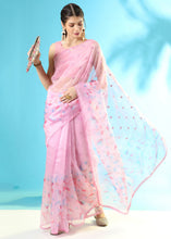 Load image into Gallery viewer, Carnation Pink Floral Printed Organza Saree with Embroiderd Butta