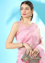 Load image into Gallery viewer, Carnation Pink Floral Printed Organza Saree with Embroiderd Butta
