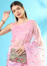Load image into Gallery viewer, Carnation Pink Floral Printed Organza Saree with Embroiderd Butta