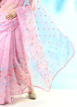 Load image into Gallery viewer, Carnation Pink Floral Printed Organza Saree with Embroiderd Butta