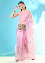 Load image into Gallery viewer, Carnation Pink Floral Printed Organza Saree with Embroiderd Butta