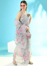 Load image into Gallery viewer, Light Grey Floral Printed Organza Saree with Embroiderd Butta
